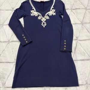 Lilly Pulitzer Navy Blue White Appliqué Long Sleeve Daylin Dress Sz Xsmall